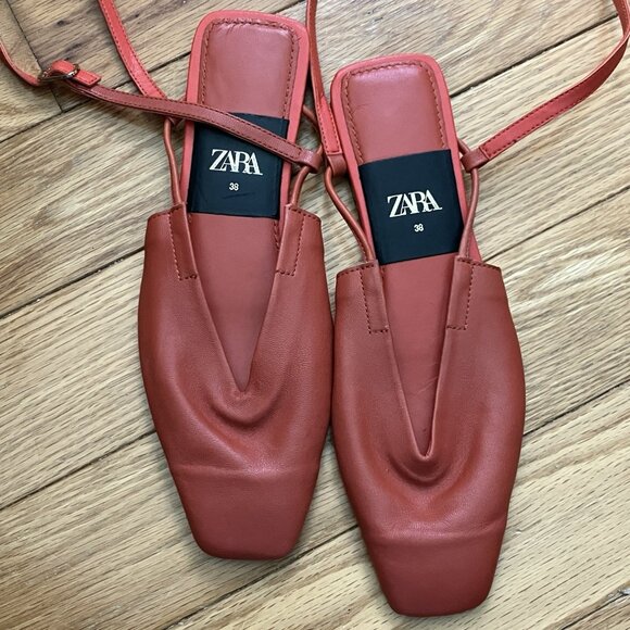 Zara Leather Flats Womens EU 38 US 7.5 Rust Orange Square Toe Strap Ballet - Picture 5 of 9